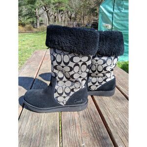 029 Coach Kally Mid-Calf Boots 6.5B Black Signature "C" Jacquard Monogram